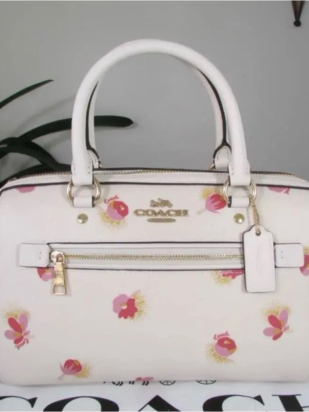COACH White Rowan Satchel with Pink Floral Accents